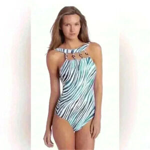 Jantzen Wildlife Ring Straps High Neck Zebra Print One Piece Swimsuit Size 14